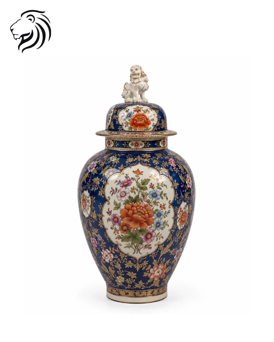 Potiche bleue à décor polychrome