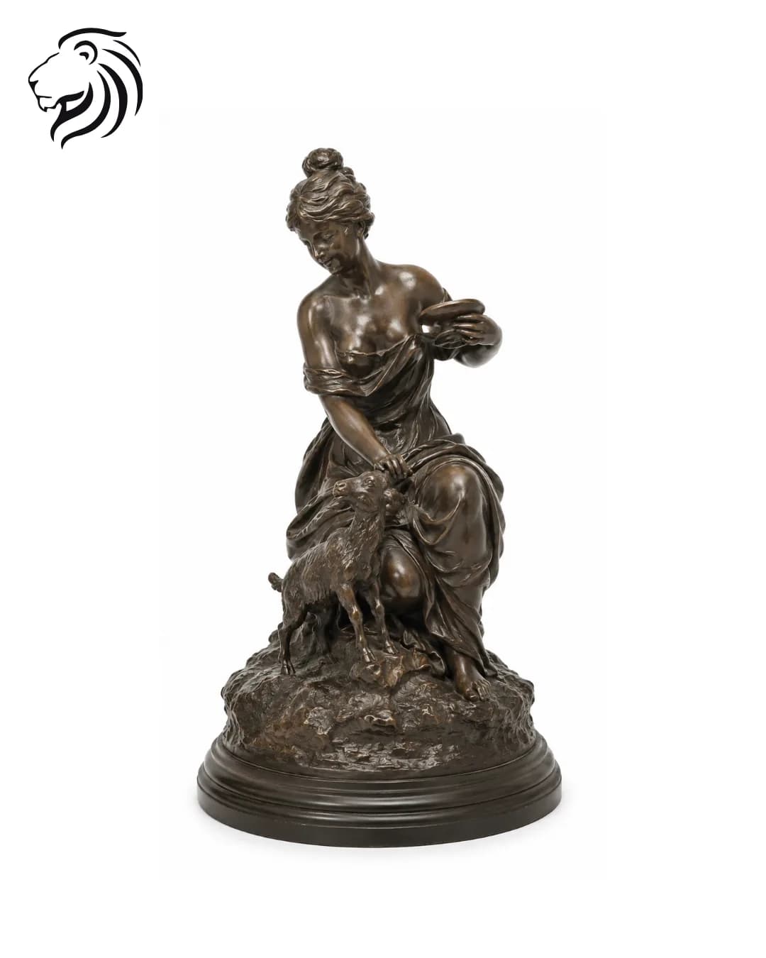 Groupe en bronze : femme et animal