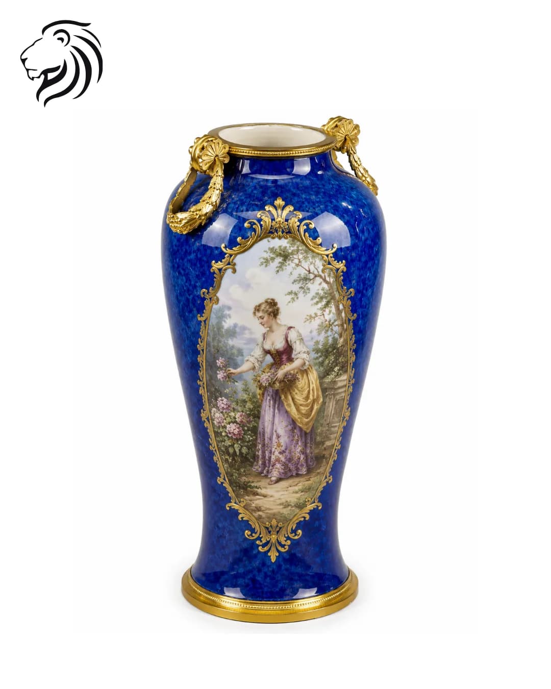 Vase cylindrique bleu à scène