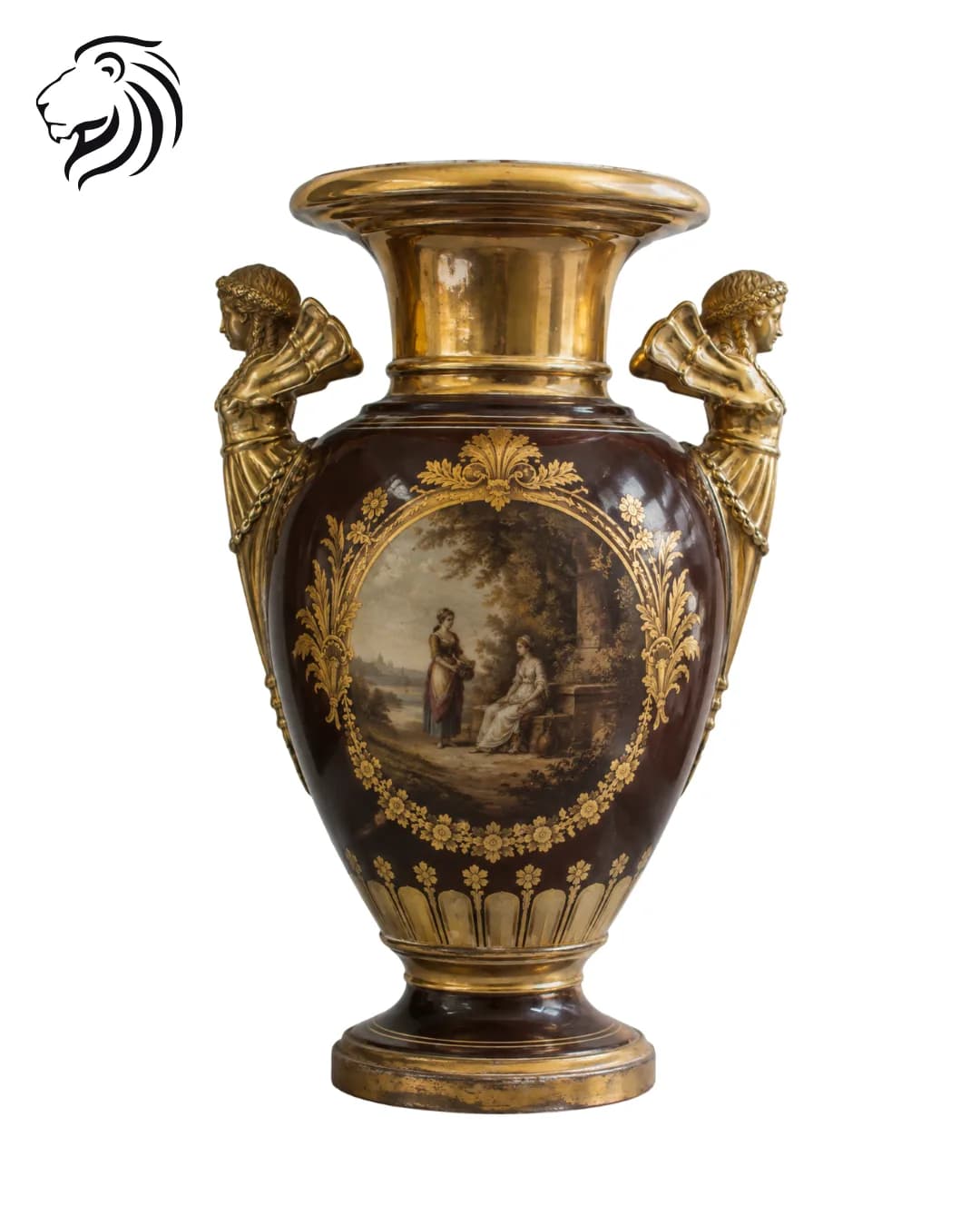 Vase brun à scène peinte