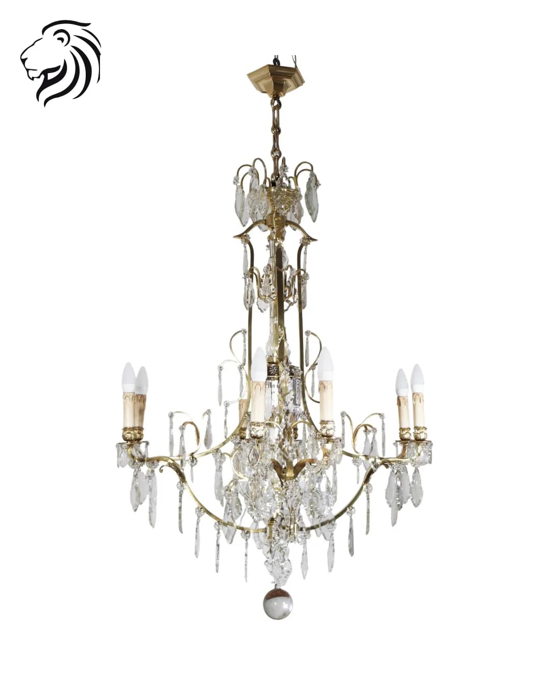 Grand lustre à douze lumières en bronze doré et cristal