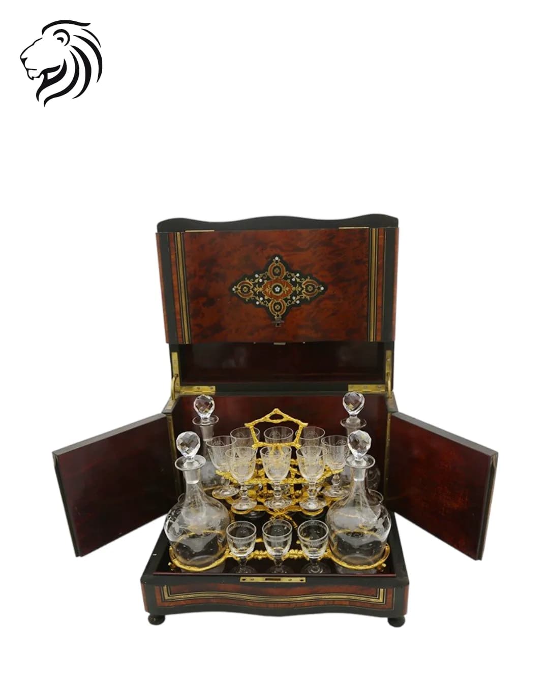 Cave à liqueur complète en marqueterie et cristal