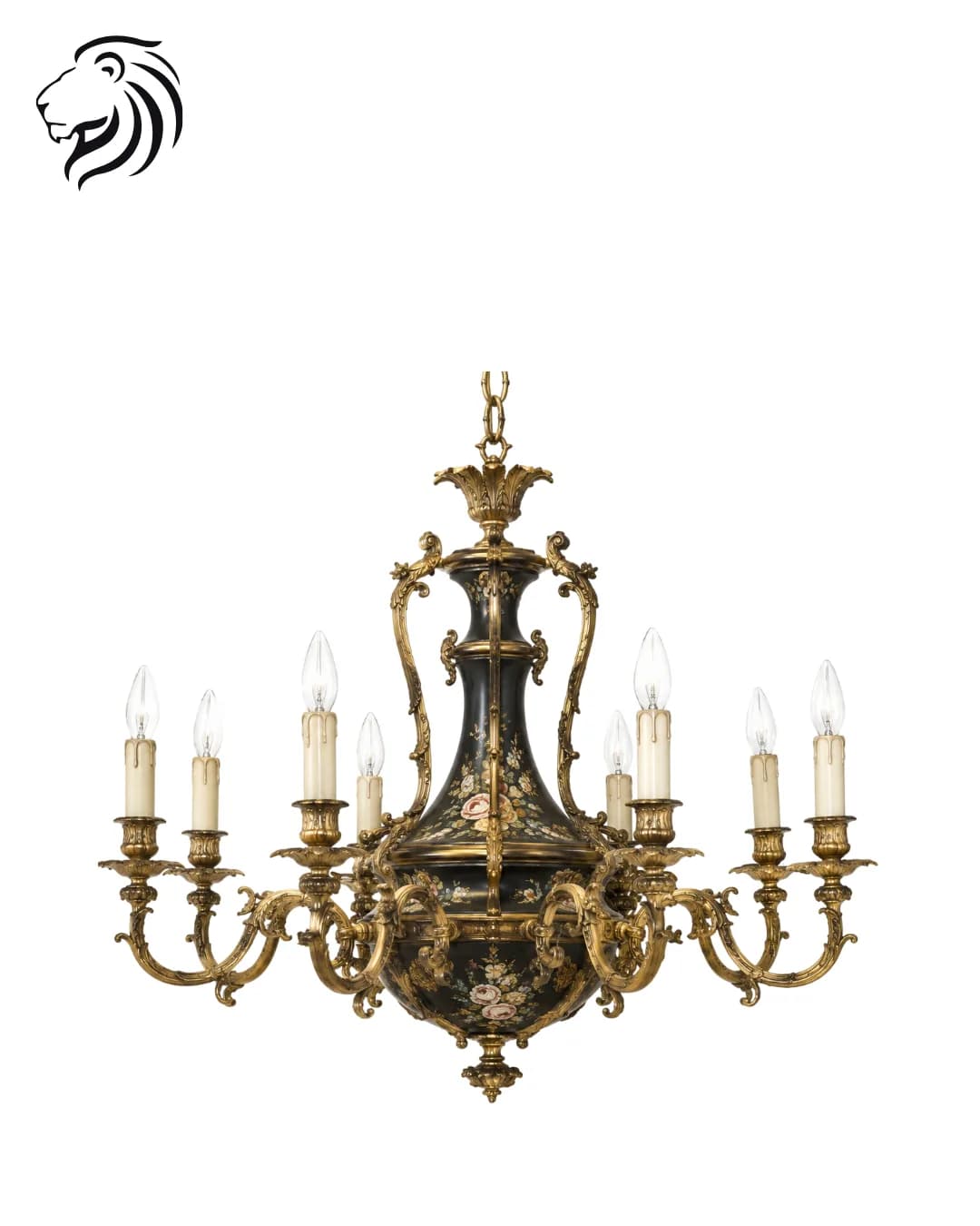 Lustre à huit lumières en bronze et tôle peinte