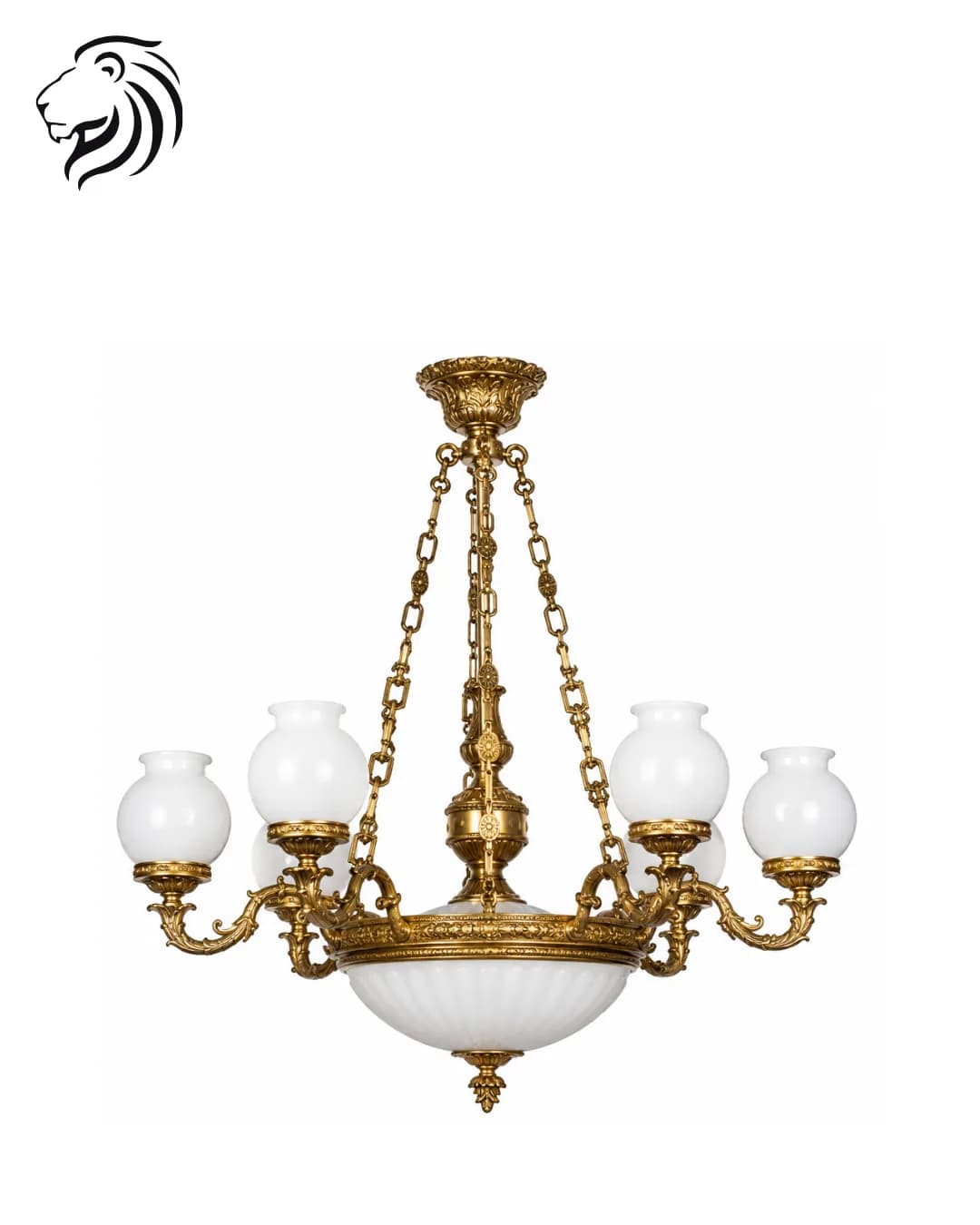 Lustre en bronze doré et verre opalin à six lumières