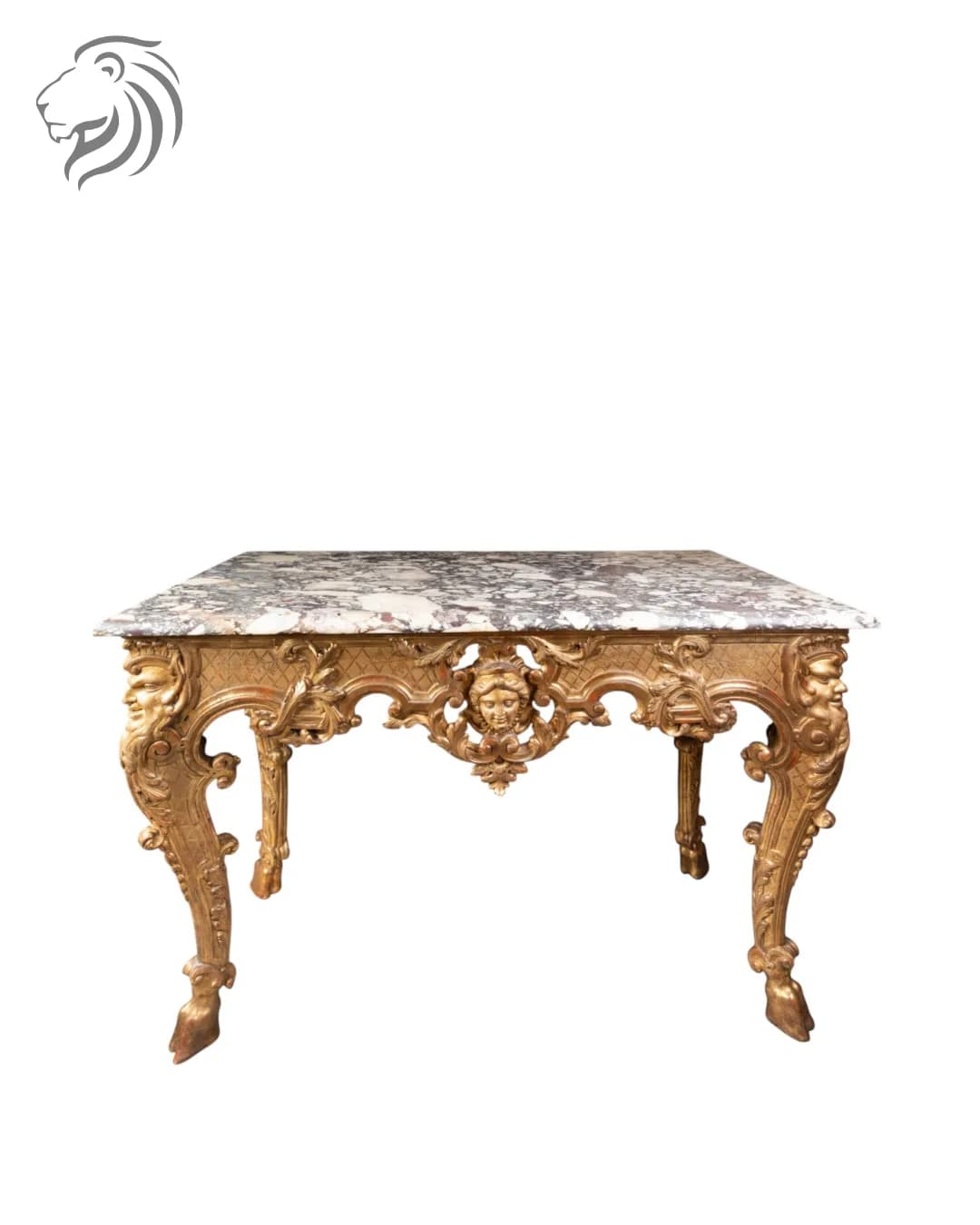 Console en bois doré à masque féminin et têtes de faune