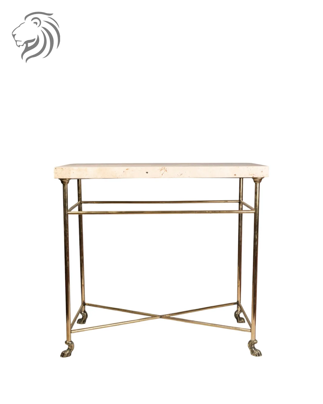 Table console néoclassique en laiton doré et travertin