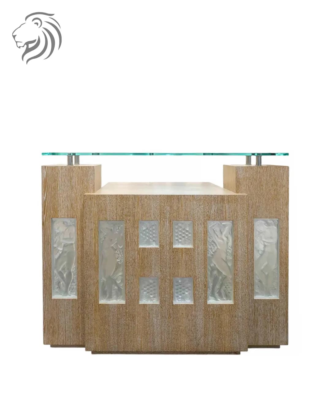 Bar d’appartement en chêne cérusé et panneaux de verre décoratifs