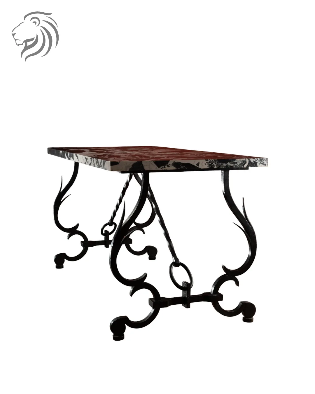 Table en fer forgé à plateau en marbre Grand Antique
