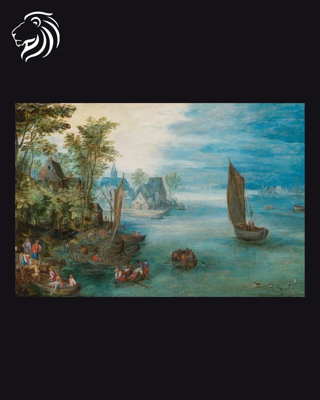 École de Jan Brueghel l’Ancien – Paysage fluvial avec village