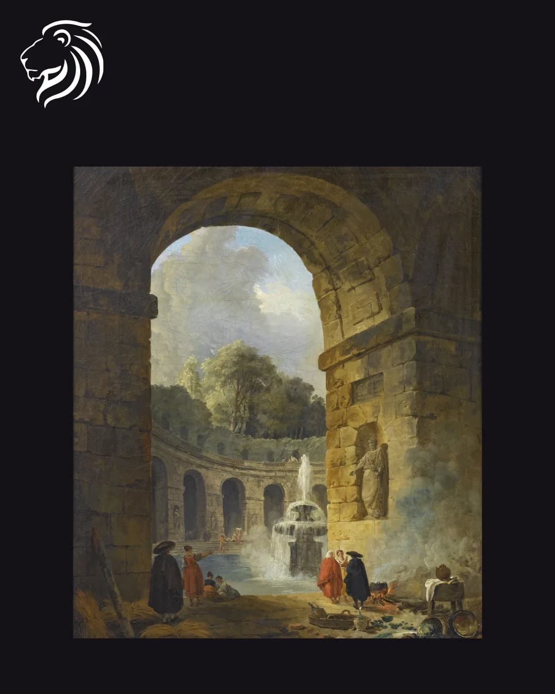 Suiveur de Hubert Robert – Galerie en ruine animée de personnages